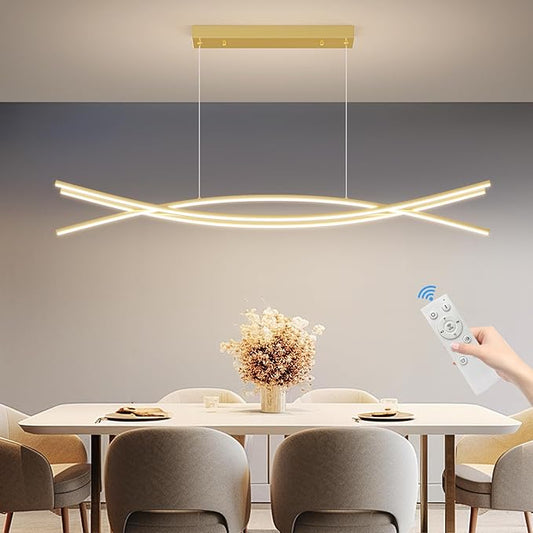 Modern Ceiling Chandelier Light, 47IN Gold Pendant Light Fixtures with Remote Control 3000k-6500K Adjustable Color Temperature, Aluminum Island Lighting Lamp for Dining Room, Living Room, Island