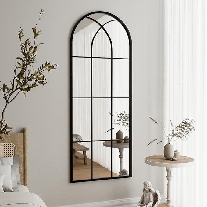 Mirror Full Length, 56"x22" Large Arched Mirror, Window Pane Wall Black Full Body Mirrors, Oversize Farmhouse Standing Mirrors for Living Room, No Stand
