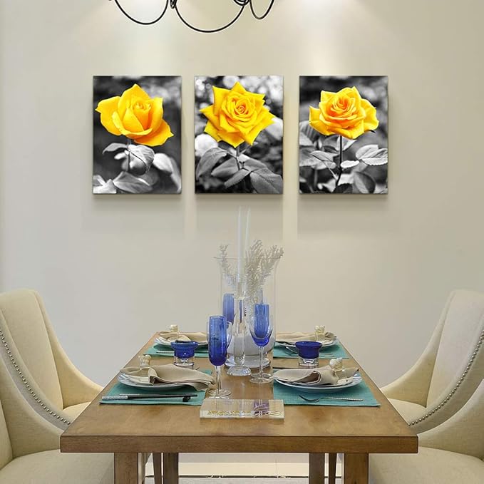 Canvas Wall Art For Bedroom Living Room Bathroom Wall Decor For Kitchen Wall Pictures Artwork Black And White Yellow Rose Flowers Paintings 12" X 16" 3 Pieces Framed Modern Office Home Decorations
