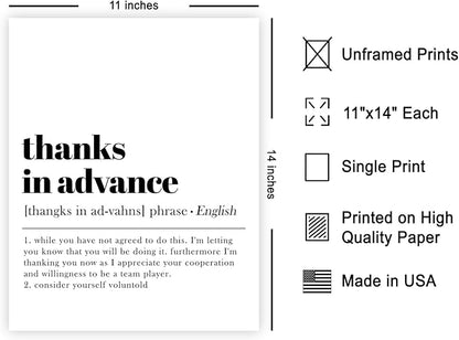 Poster Master Definition of Thanks in Advance Print - Typography Poster - Dictionary Art - Minimal Gift for Boss & Colleague - Funny Decor for Office, Workplace or Dorm - 11x14 UNFRAMED Wall Art