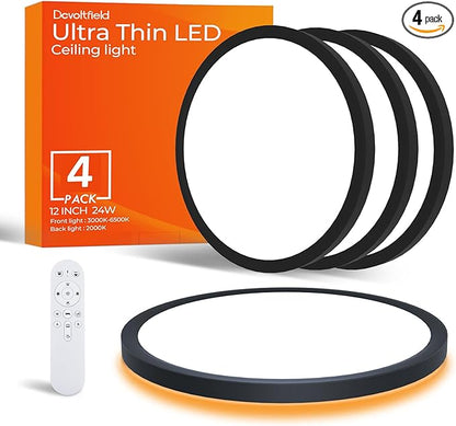 4Pack Dimmable LED Flush Mount Ceiling Light Fixture with Remote Control, 24W 2640LM, 12Inch, 2000K Warm Night Light & 3000K-6500K, Modern Super Slim Ceiling Lamp for Bedroom Kitchen, Black