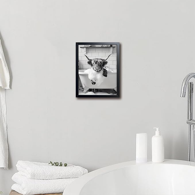 Highland Cow Bathroom Wall Art, Cute Black and White Animal Wall Decor Painting, Highland Cow in Bathtub Farmhouse Canvas Print Picture, Funny Bathroom Restroom Decor 8x10 Inch Wood Framed