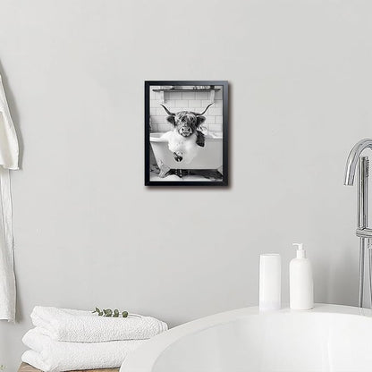 Highland Cow Bathroom Wall Art, Cute Black and White Animal Wall Decor Painting, Highland Cow in Bathtub Farmhouse Canvas Print Picture, Funny Bathroom Restroom Decor 8x10 Inch Wood Framed
