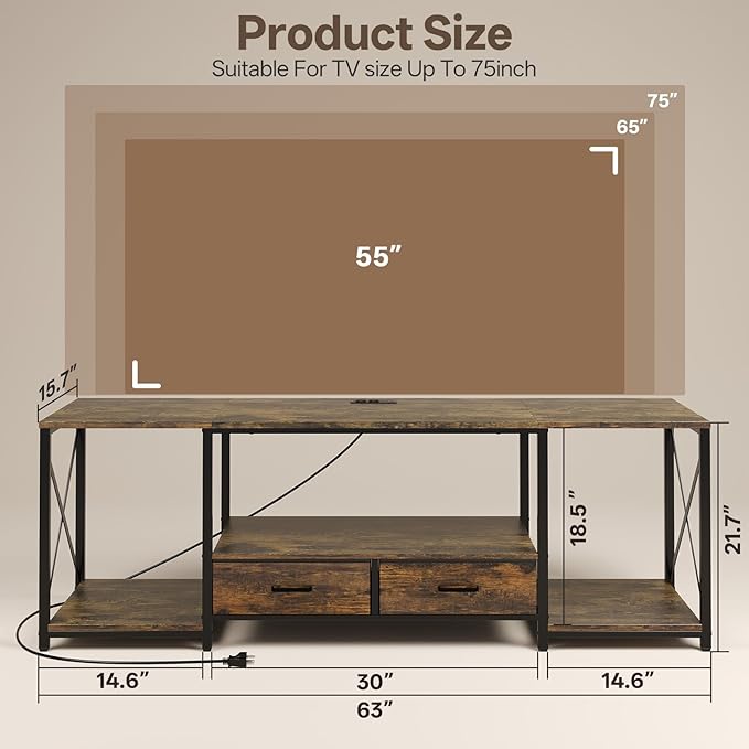 LED TV Stand with 2 Fabric Drawer - 63" Industrial TV Console Table with Open Storage Shelves for Living Room,Bedroom, Entertainment Center TV Stands for 65-75" TV - Black Steel Frame