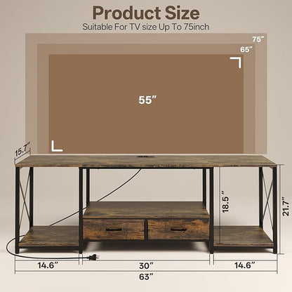 LED TV Stand with 2 Fabric Drawer - 63" Industrial TV Console Table with Open Storage Shelves for Living Room,Bedroom, Entertainment Center TV Stands for 65-75" TV - Black Steel Frame