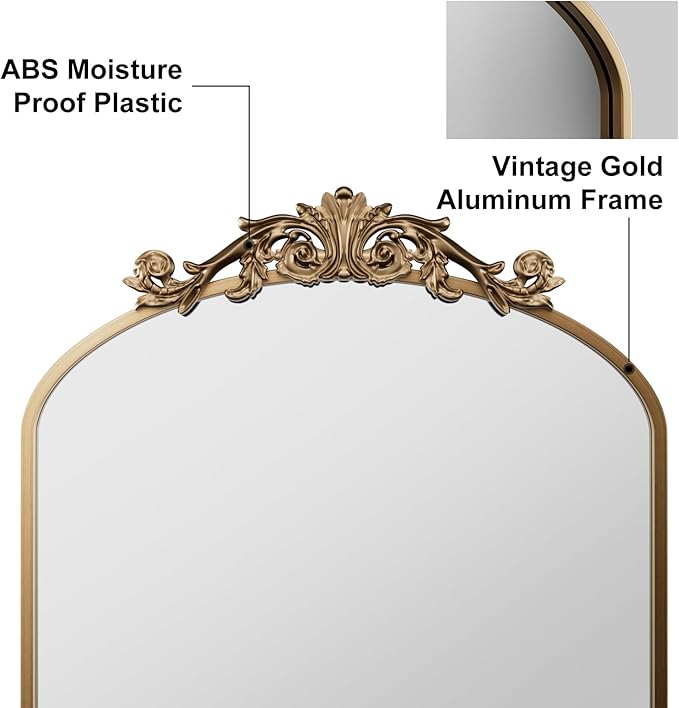 Dewfig Antique Arched Wall Mirror, 22"x30" Vintage Bronze Bathroom Mirror - Baroque Metal Frame Brass Mirror for Living Room, Bathroom, Fireplace, Entryway, Bronze