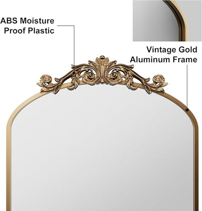 Traditional Vintage Gold Mirror, Antique Arched Mirror, Bronze Decor Wall Mirrors, Large Baroque Mirror with Aluminum Frame, Ornate Mirrors for Bathroom, Living Room, Fireplace (36"x24")