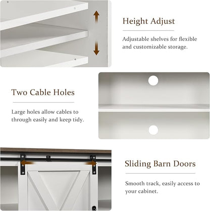 4 EVER WINNER TV Stand for 65 Inch TV for Living Room, Modern Farmhouse Barn Door TV Stand with Storage Cabinets and Adjustable Shelves for Bedroom, Media Entertainment Center TV Console Table, White