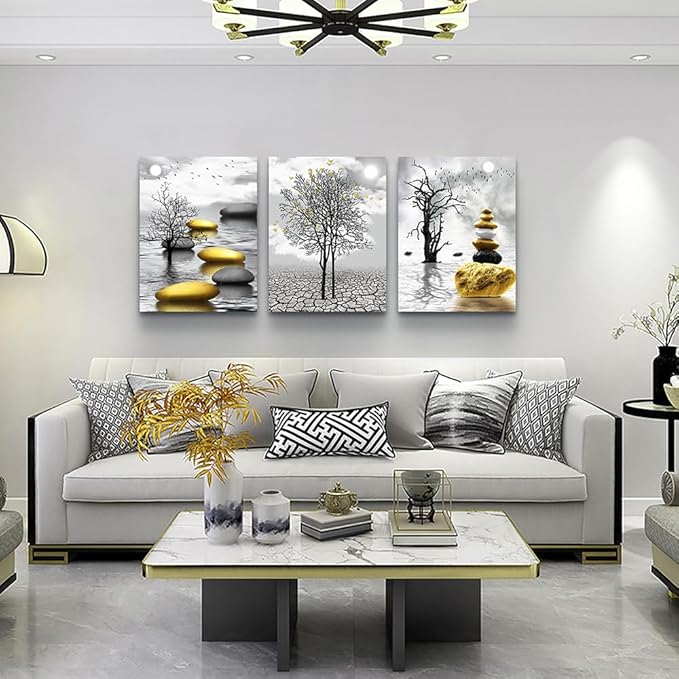 TTHYUEWS Canvas Wall Art For Living Room Modern Inspiration Wall Decor For Bedroom Office Wall Decoration Black And White Painting Yellow Landscape Wall Pictures Prints Artwork Home Decor 3 Piece