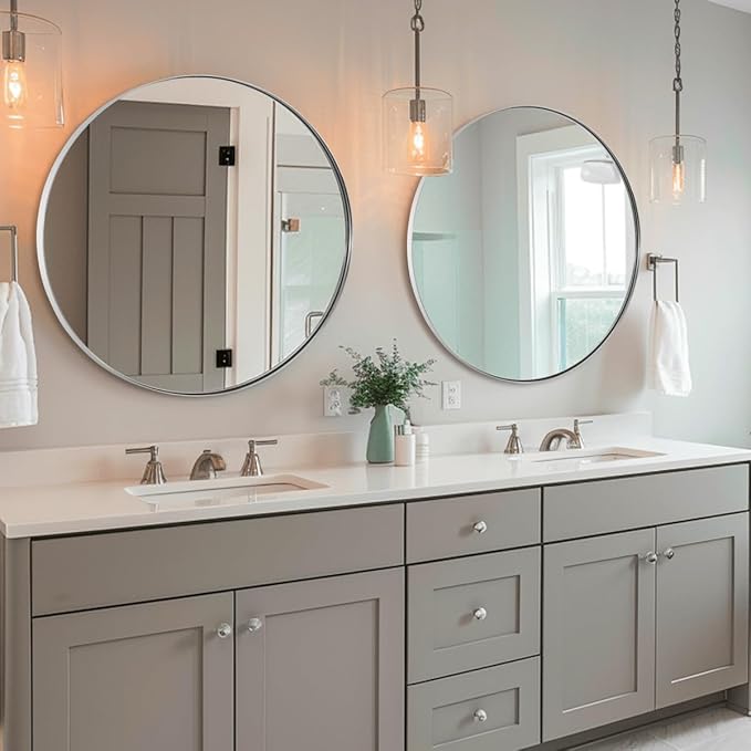 ANDY STAR Round Chrome Mirror, 30 inch Round Chrome Mirror, Circle Bathroom Mirror for Bathroom in Stainless Steel Metal Frame