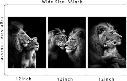 Black and White 3 Panels Lions Pictures Wall Art Wild Animals Painting Wall Decor Lion and Lioness Pictures Prints Artwork Living Room Kitchens Decor, Framed 12 W x16 Hx3pcs