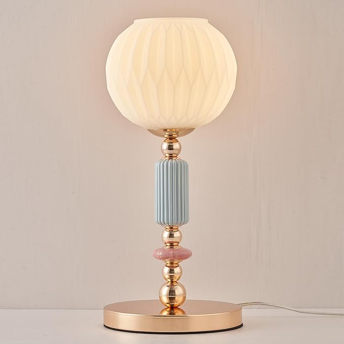 Modern Milk White Glass Table Lamp Bedside Nightstand Lamp Metal Desk Light with Plug Cord Switch for Bedroom Living Room Dining Room