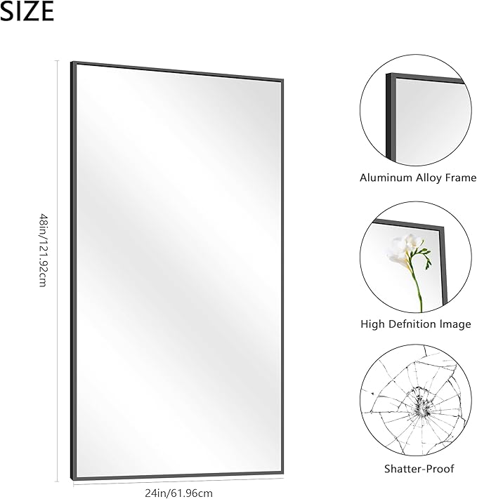 COFENY 48x24In Black Bathroom Mirror for Wall, Rectangle Mirrors with Metal Frame, Bathroom Rectangular Mirror Modern Wall Mirror for Bedroom Living Room, Entryway Hangs Horizontal or Vertical