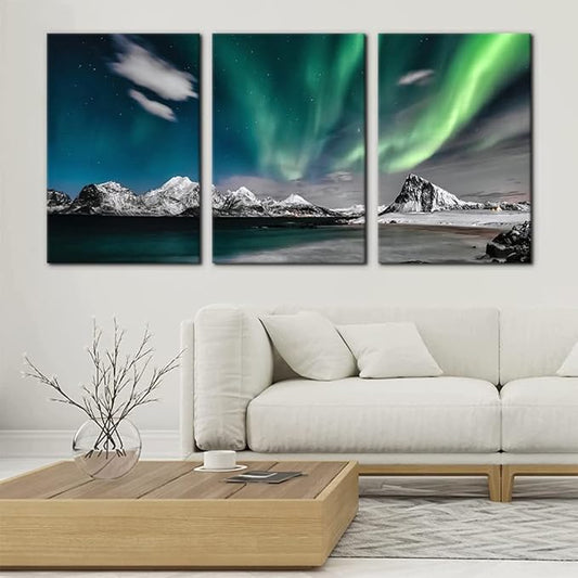 Pacimo Canvas Wall Art Aurora Scenery Painting on Canvas for Living Room Decoration Natural Landscape Canvas Paintings 3 Piece Bedroom Home Office Decor Stretched Framed Ready to Hang - 16"x24"x3 Panels