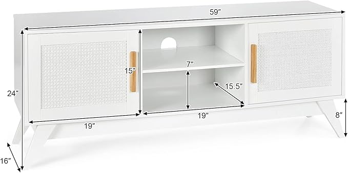 Tangkula Rattan TV Stand for TVs Up to 65", Entertainment Center, 3-Tier Adjustable Shelf, 2 Enclosed Weaved Cabinets, Cable Holes, Modern Media TV Console Table for Living Room