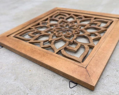 DharmaObjects Handcrafted Lotus Wood Wall Panel Decor Hanging Art 16" X 16" (Walnut)