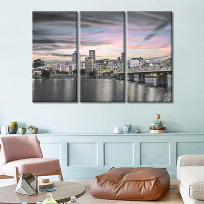 TUMOVO American Cityscape Canvas Wall Art Portland Oregon USA Skyline at Dusk on the Willamette River Pictures Black and White Wall Art 3 Panel Posters and Prints Framed Ready to Hang (42" Wx28 H)