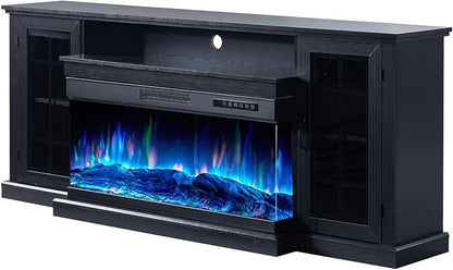 AMERLIFE 75in 3-Sided Glass Fireplace TV Stand for TVs up to 85", Rustic Fireplace Media Entertainment Center Console Cabinet Table with Glass Door Closed Storage, Black