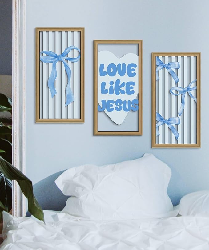 Putuo Decor Blue Bow Wall Decor, Light Blue Coquette Wall Decor Set of 3,Inspirational Bible Verses Decoration, Christian Wall Art for Living Room Bedroom Church Classroom