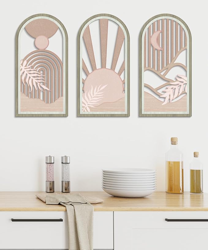 Putuo Decor Boho Sun Wall Art Set of 3, Abstract Pink Artwork, Mid Century Modern MDF Wooden Wall Decor for Living Room Bedroom Office, Arch Design 16x8in