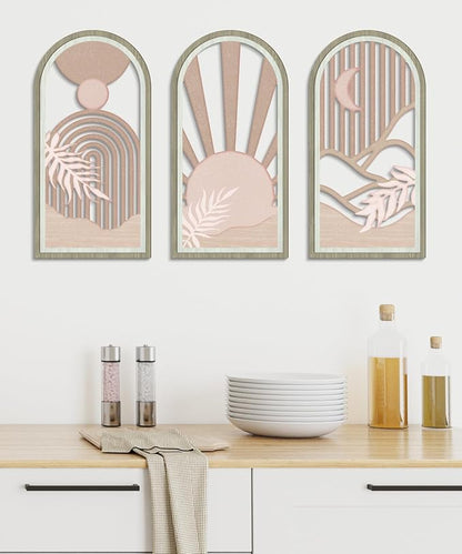 Putuo Decor Boho Sun Wall Art Set of 3, Abstract Pink Artwork, Mid Century Modern MDF Wooden Wall Decor for Living Room Bedroom Office, Arch Design 16x8in