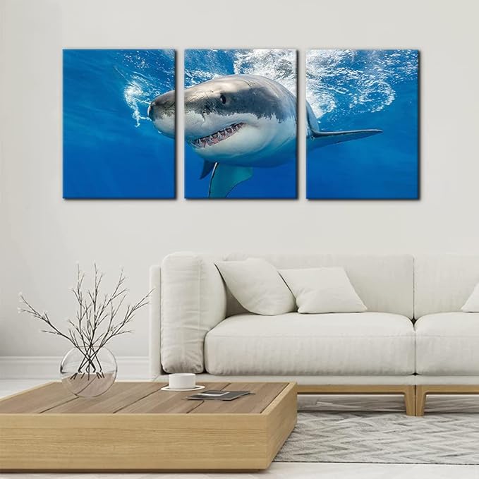 Pacimo 3 Piece Blue Wall Art Painting Great White Shark Catching Fish At Guadalupe Island Pictures Prints on Canvas Animal The Picture Decor for Home Modern Decoration for Living Room - 12" x 16" x 3