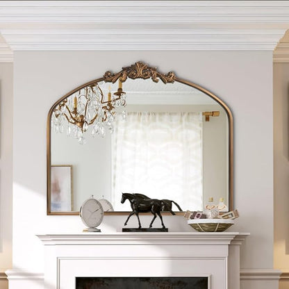 HQiJun Gold Wall Mirror, Large Arched Vintage Baroque Ornate Mirrors, Traditional Decorative Antique Brass Mirror for Entryway, Living Room, Bedroom, Bathroom Vanity, Fireplace Mantel(Gold,29"x36")