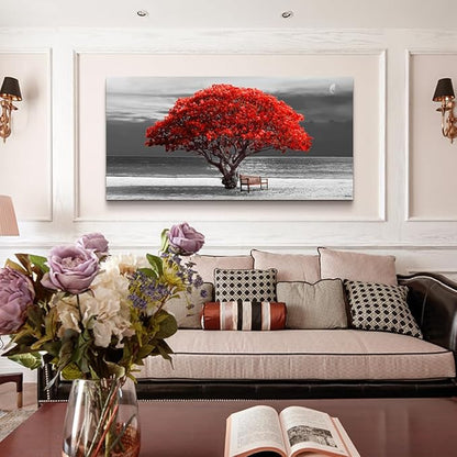 WapluamWall Decor Living Room Large Size Canvas Wall Art For Office Black White With Landscape Moon Wall Painting Red Trees Canvas Pictures Framed Artwork Bedroom Decor Home Decorations 30" X 60"