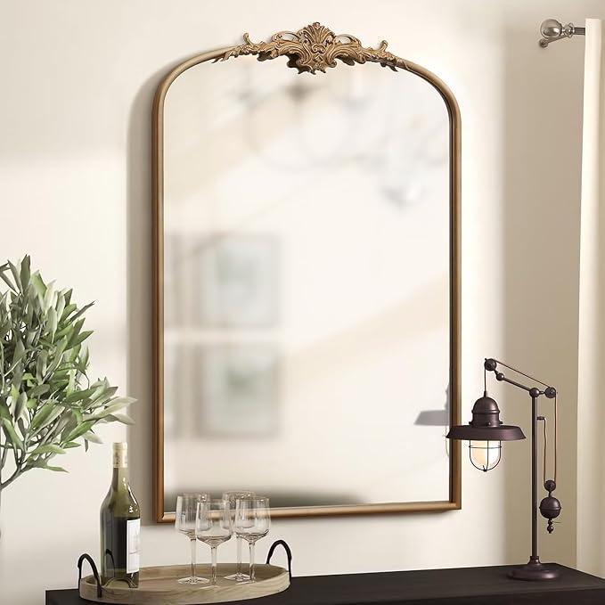 Besdomus Antique Gold Arched Mirror: 24"x36" French Large Arch Gold Vintage Wall Mounted Mirror - Traditional Ornate Home Decor for Entryway/Fireplace/Bathroom/Bedroom - Idea for Fashion-Conscious