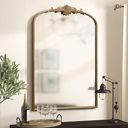 Besdomus Antique Gold Arched Mirror: 24"x36" French Large Arch Gold Vintage Wall Mounted Mirror - Traditional Ornate Home Decor for Entryway/Fireplace/Bathroom/Bedroom - Idea for Fashion-Conscious