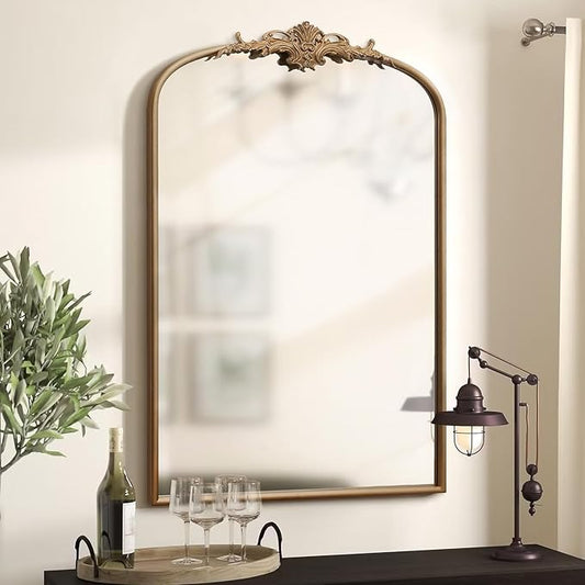 Besdomus Antique Gold Arched Mirror: 24"x36" French Large Arch Gold Vintage Wall Mounted Mirror - Traditional Ornate Home Decor for Entryway/Fireplace/Bathroom/Bedroom - Idea for Fashion-Conscious