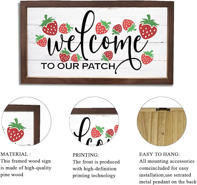Strawberry Welcome Sign, Rustic Hanging Wood Signs, Wall Decor Art, Farmhouse Home Garden Yard Decors, Wooden Framed Wall Decor, Welcome to Our Patch Sign 15×7.5×0.3 inches