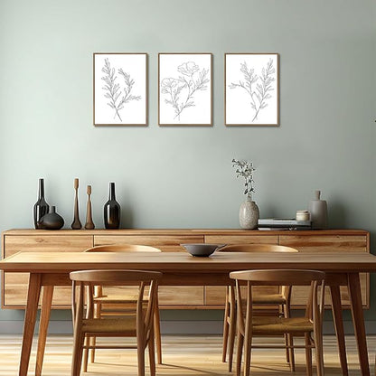 KISSFOX 3 Piece Framed Wall Art Botanical Wall Decor Floral Pictures Wildflower Canvas Art Black White Line Paintings Minimalist Boho Artwork For Bedroom Living Room Bathroom