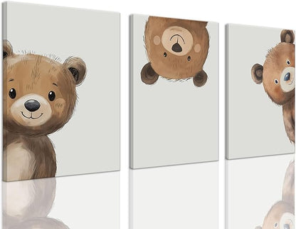 AOYUSMO 3 Piece Baby Bear Canvas Wall Art Nursery Funny Animal Wall Art Cute Bear Pictures Wall Decor Kids Baby Boy Animal Art Prints for Children's Room Bedroom 12"X16" Framed