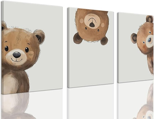 AOYUSMO 3 Piece Baby Bear Canvas Wall Art Nursery Funny Animal Wall Art Cute Bear Pictures Wall Decor Kids Baby Boy Animal Art Prints for Children's Room Bedroom 12"X16" Framed