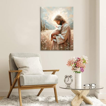 Jesus and Lamb Canvas Wall Art Christian Jesus the Good Shepherd Painting picture Wall Decor religion Bible Stories Poster print Artwork for Church LDS bedroom Living Home Decor 24x36in Canvas