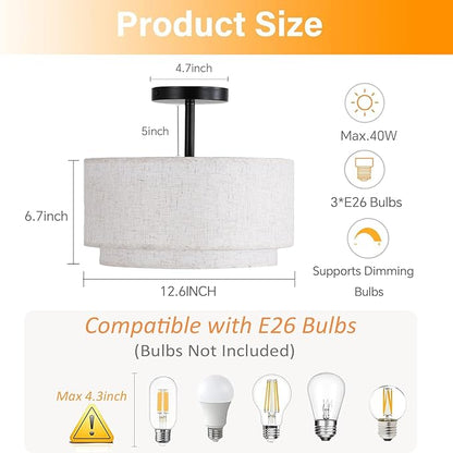Vexagyle 12.6inch Flush Mount Ceiling Light Fixture,3-Light Modern Close to Ceiling Light with 2-Layer Linen Fabric Shade,Farmhouse Drum Ceiling Mount Lamp for Bedroom Hallway Living Room