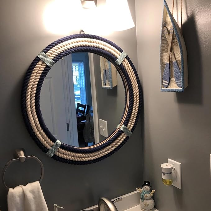 Nautical Round Rope Mirror - White Twisted Rope Wall Hanging Mirror, Rustic Boho & Coastal Farmhouse Décor for Bathroom, Bedroom, Nursery, or Entryway