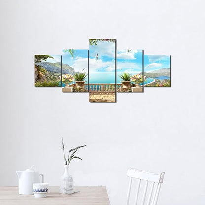 Modern European Landscape Ocean Painting 5 Panels Combination Set Wall Art Canvas Pictures for Home Decoration Living Room Bedroom Posters and Prints Gallery-wrapped Framed Stretched (50''W x 24''H)