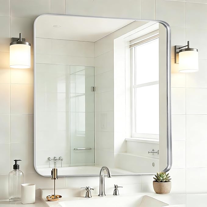 Fabuday Silver Sink Mirror for Bathroom - 28x28 Inch Square Framed Mirrors for Over Sink, Chrome Mirrors with Brushed Frame for Bedroom, Restroom, Farmhouse, Entryway Decor