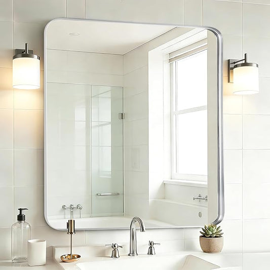 Fabuday Silver Sink Mirror for Bathroom - 28x28 Inch Square Framed Mirrors for Over Sink, Chrome Mirrors with Brushed Frame for Bedroom, Restroom, Farmhouse, Entryway Decor