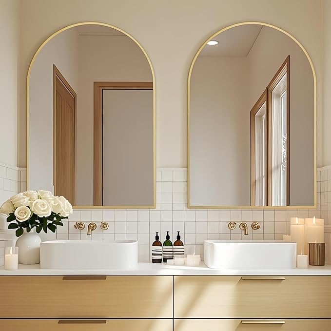 Dewfig Arched Wall-Mounted Mirror, 24"x36" Arch Bathroom Mirror, Gold Vanity Mirror for Wall Décor, Wall Mirror with Metal Frame for Bedroom, Entryway, Living Room, Brushed Gold