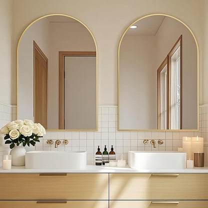Dewfig Arched Wall-Mounted Mirror, 24"x36" Arch Bathroom Mirror, Gold Vanity Mirror for Wall Décor, Wall Mirror with Metal Frame for Bedroom, Entryway, Living Room, Brushed Gold