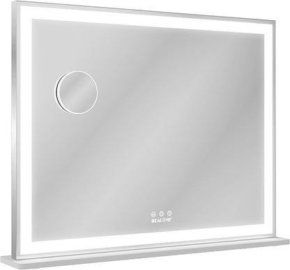 ANYHI Vanity Mirror with Lights, 28.3"x22.1" Tabletop Vanity Mirror with Lights and Stand, 3 Color Modes, 10X Magnification, Smart Touch Control, Wall Mount/Desk Mirror for Bedroom Makeup Room, Silver