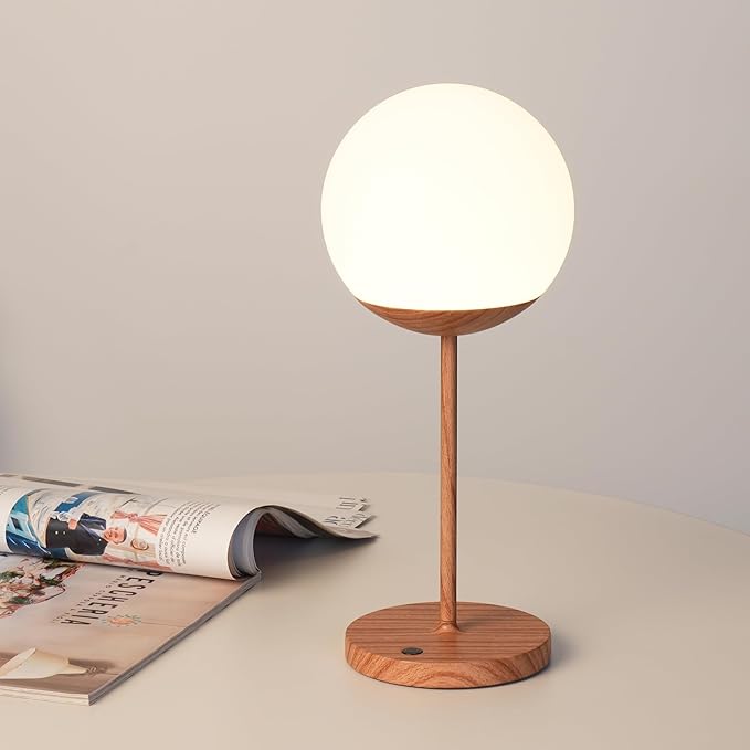 WEILAILUX Cordless Table Lamp with Globe Shade, Rechargeable Dimmable Bedside Light, Shower Lamp Waterproof, Touch Control, 8-72 Hours Runtime, 2700K Warm White for Indoor Outdoor (Wood Grain, Mini)
