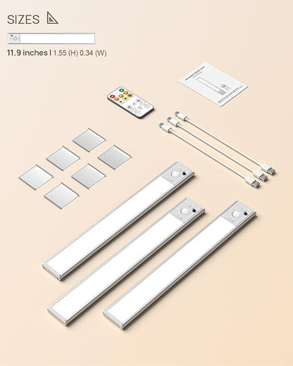 Under Cabinet Lighting with Remote, 12" Motion Sensor Light Indoor, Rechargeable LED Closet Light Wireless, 3 Color Temps & Dimmable, Magnetic Under Counter Lights for Kitchen, Stairs, Pantry, 3 Pack