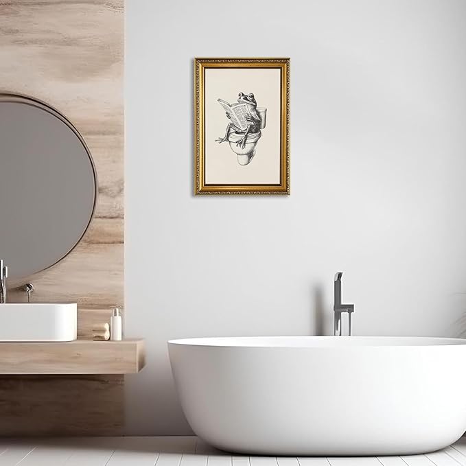 YD&YZY Gold Framed Funny Bathroom Frog Wall Art Canvas Frog on Toilet Reading Newspaper Wall Decor Unique Cute Animal Painting Picture Print Artwork for Bedroom Bathroom 16x24 inch Framed