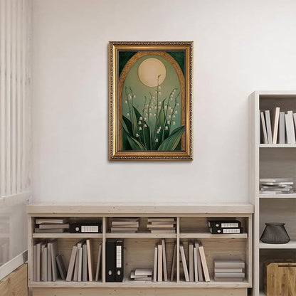WZGZXU Vintage Gold Framed Wall Art Nouveau Botanical Wall Decor Lily Of The Valley Canvas Art Boho Pictures Floral And Moon Painting Moody Flowers Prints For Living Room Bedroom Bathroom