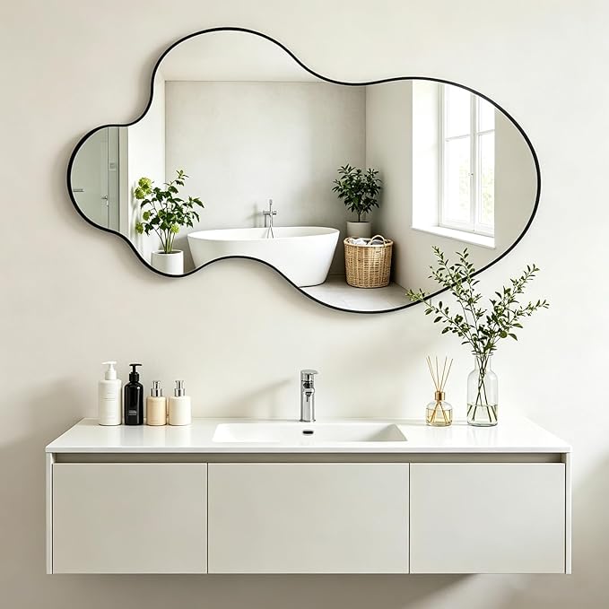 Irregular Mirror, 30"x18" Asymmetrical Mirrors, Black Metal Frame Wall Mirrors Decorative, Modern Odd Shaped Mirror for Living Room Bathroom Bedroom Hallway Entryway Fireplace