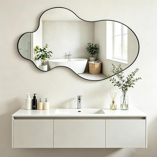 Irregular Mirror, 30"x18" Asymmetrical Mirrors, Black Metal Frame Wall Mirrors Decorative, Modern Odd Shaped Mirror for Living Room Bathroom Bedroom Hallway Entryway Fireplace